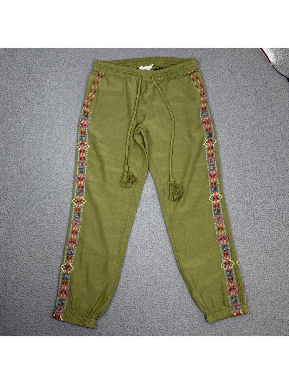 Sundance Embroidered Tapered Tassels Pull On Pants Jogger Green Western Aztec XS